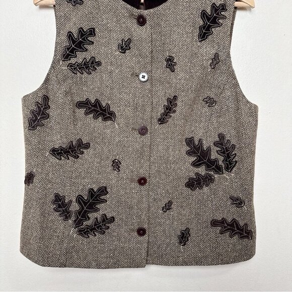 Talbots Womens Medium Vintage Herringbone Autumn Leaf Wool Button Vest - Picture 6 of 15